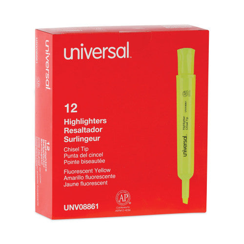Universal Desk Highlighters, Fluorescent Yellow Ink, Chisel Tip, Yellow Barrel, Dozen