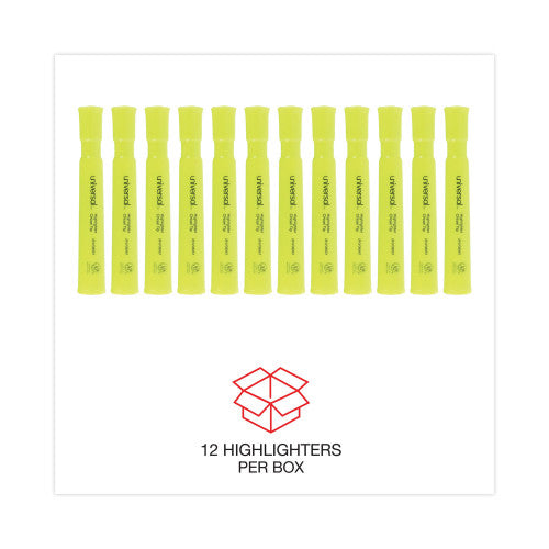 Universal Desk Highlighters, Fluorescent Yellow Ink, Chisel Tip, Yellow Barrel, Dozen